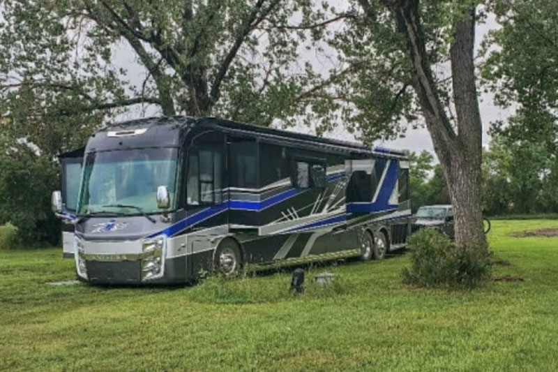 Motorhome parked in grassy area between trees
